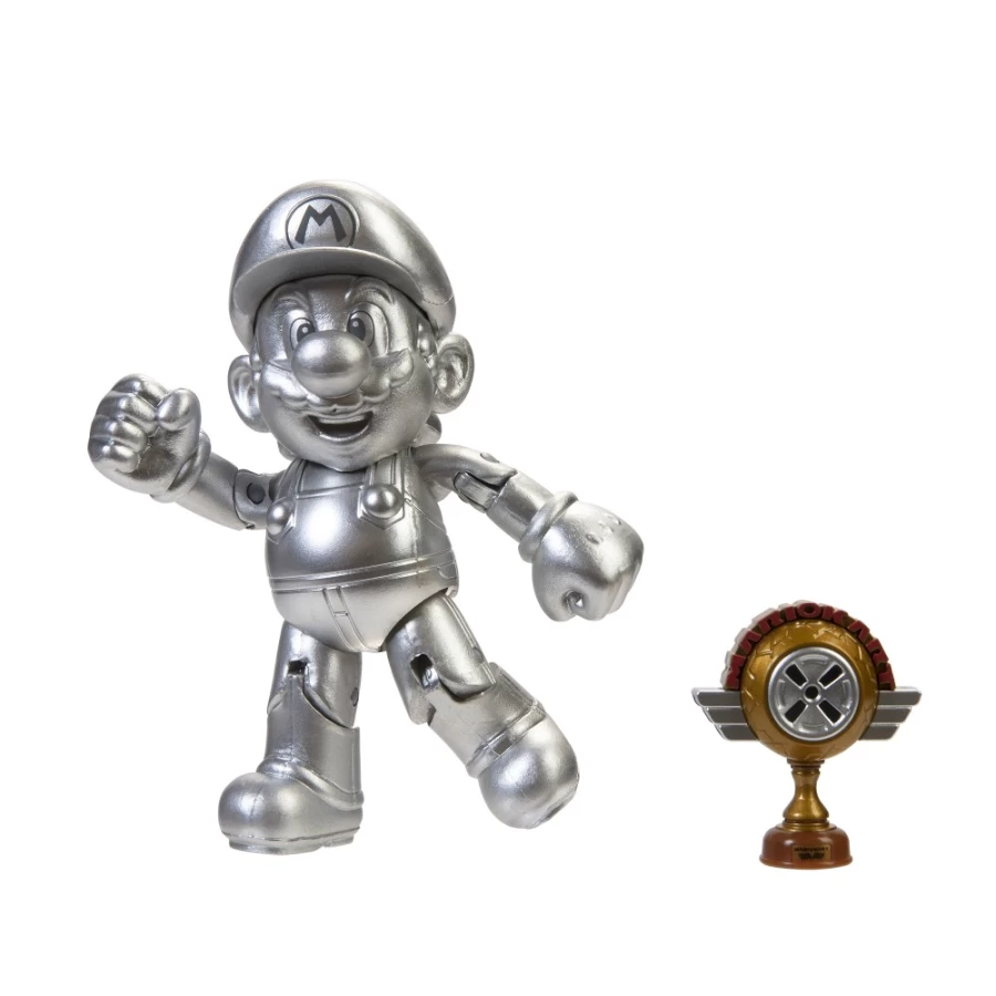 Super Mario Bros Metal Mario Articulated 4-Inch Action Figure with Trophy Collectible