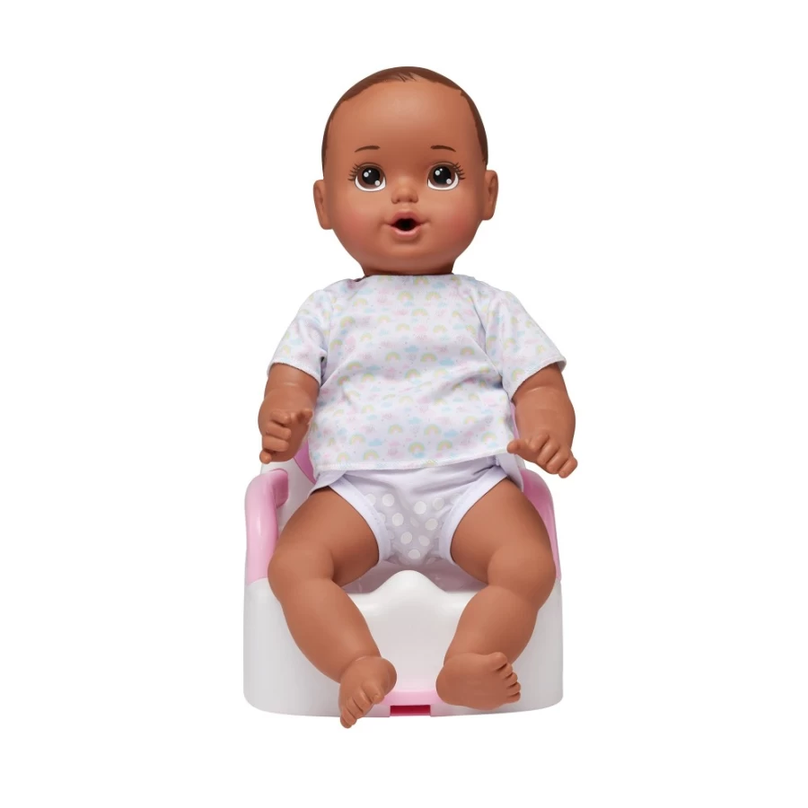 "Perfectly-Cute 14-Inch Dark Brunette Hair Brown Eyes Baby Doll with Flushing Potty Sounds & 3-Piece Outfit"