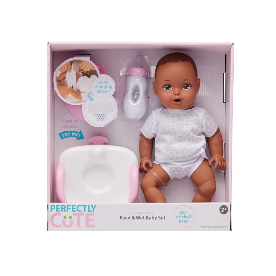 "Perfectly-Cute 14-Inch Dark Brunette Hair Brown Eyes Baby Doll with Flushing Potty Sounds & 3-Piece Outfit"