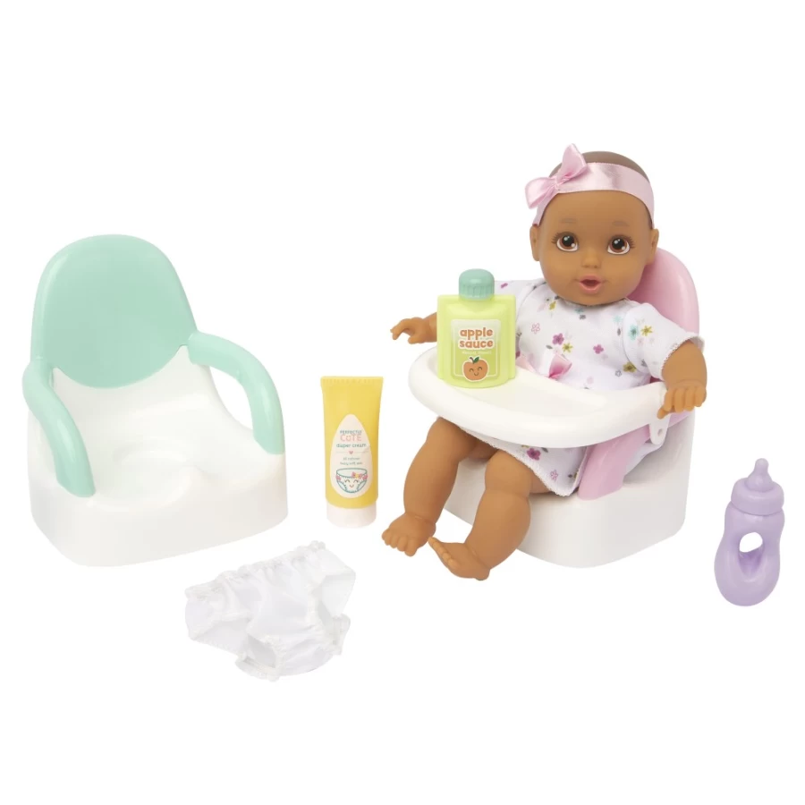"Perfectly-Cute My Lil' Baby 8" Doll Feed & Go Playset - Brunette Doll with Brown Eyes, 9-Piece Playset for Girls"