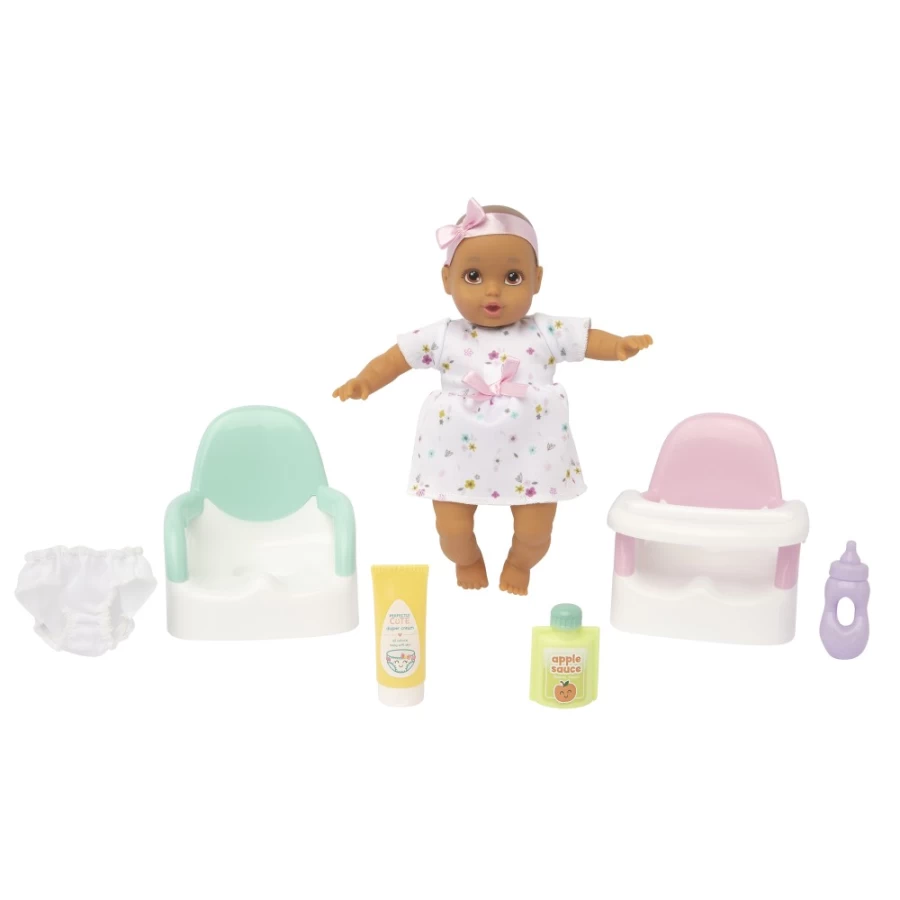 "Perfectly-Cute My Lil' Baby 8" Doll Feed & Go Playset - Brunette Doll with Brown Eyes, 9-Piece Playset for Girls"