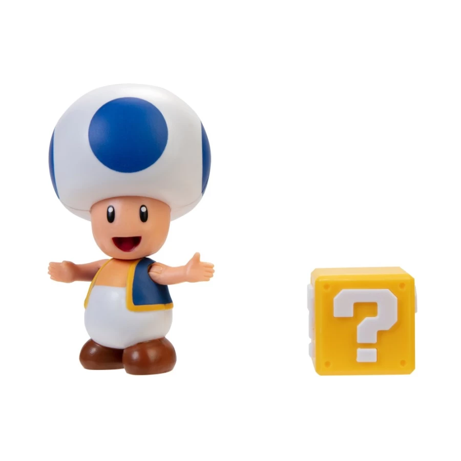 Super Mario Blue Toad with Question Block 4-Inch Articulated Action Figure – Collectible Posable Character