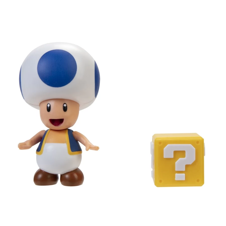 Super Mario Blue Toad with Question Block 4-Inch Articulated Action Figure – Collectible Posable Character