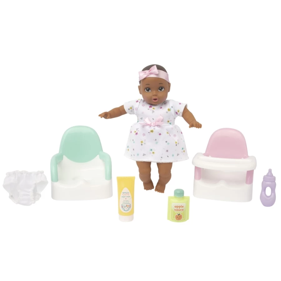 Perfectly Cute My Lil' Baby 8" Doll Feeding Playset - Dark Brunette Doll with Brown Eyes, 9-Piece Toddler Pretend Play Set for Girls
