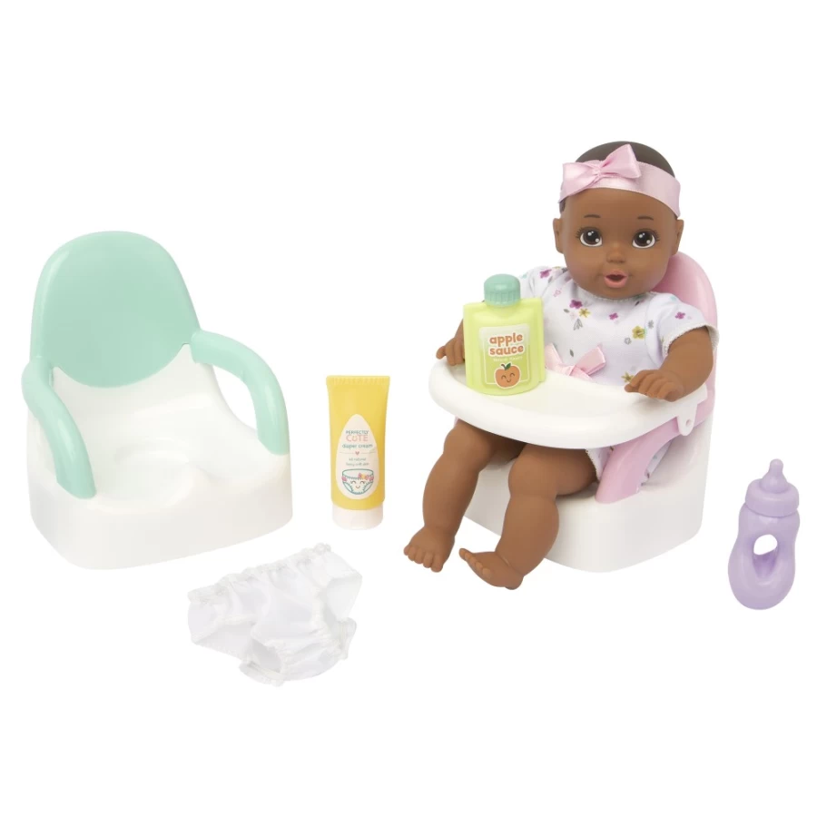 Perfectly Cute My Lil' Baby 8" Doll Feeding Playset - Dark Brunette Doll with Brown Eyes, 9-Piece Toddler Pretend Play Set for Girls